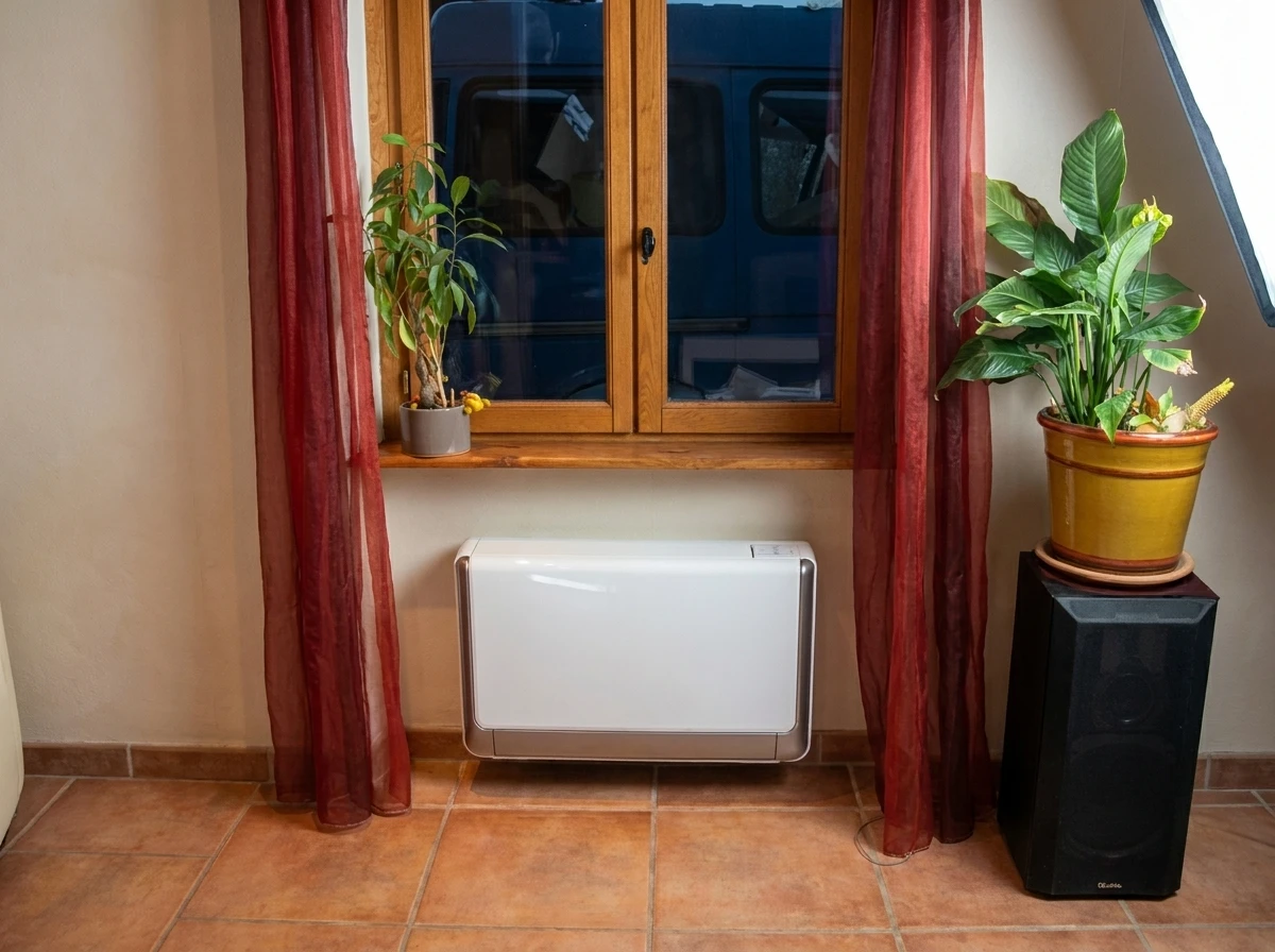 Extérieur résidentiel moderne avec pompe à chaleur air-eau installée sur terrasse béton
